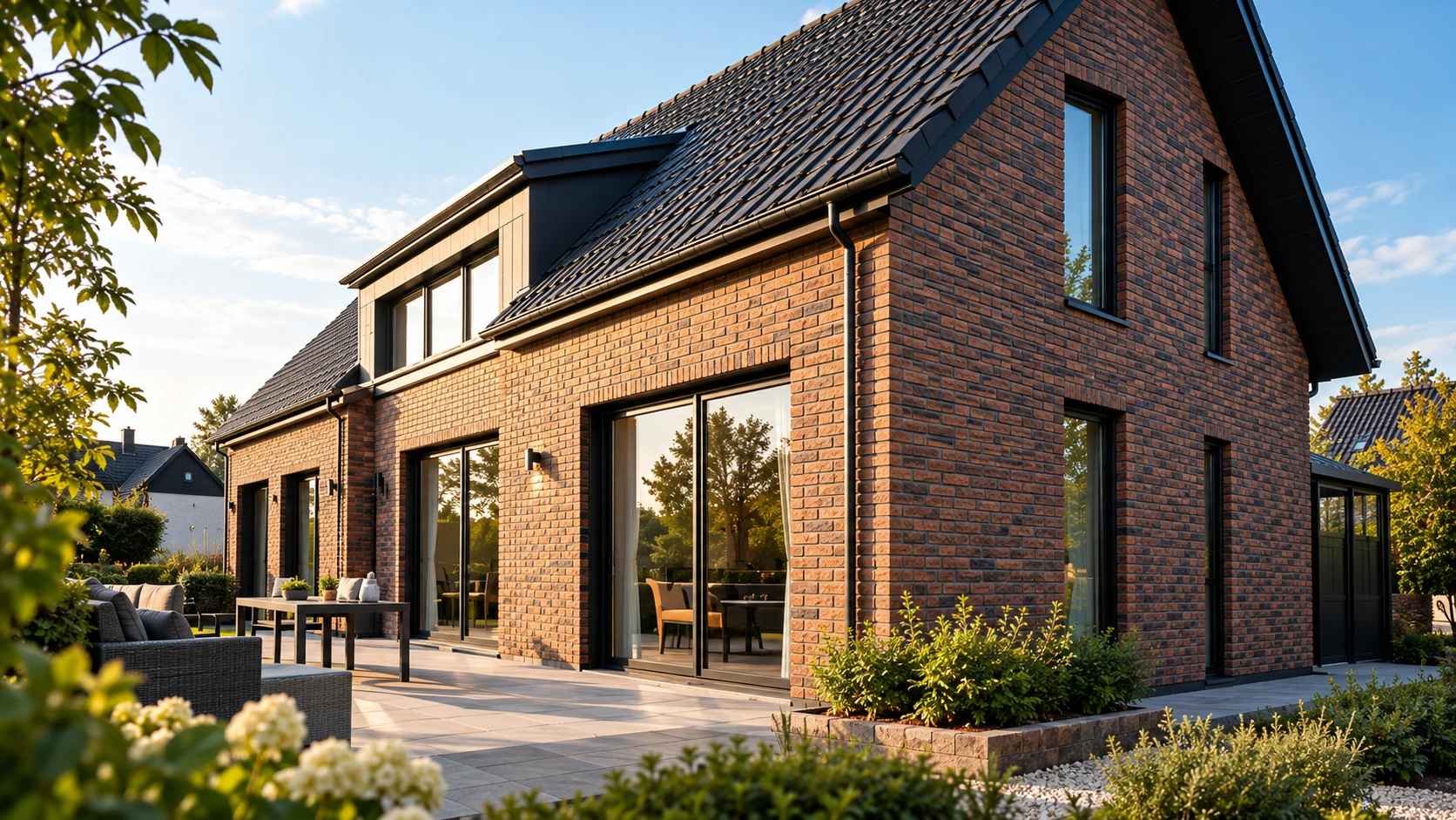 Woning met een afgewerkte gevel in roodbruine steenstrips