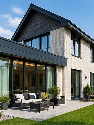 Visualisatie van een woning met lichte gevelstenen en donkere kozijnen