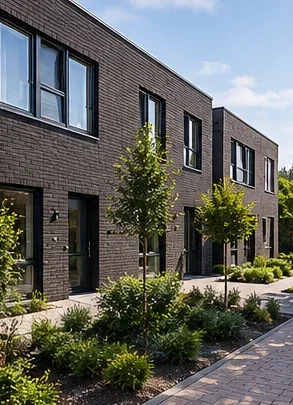 Visualisatie van een moderne nieuwbouwwoning met donkere gevelstenen