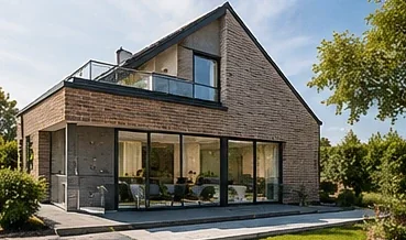 Architectonische visualisatie van een gevel met klinkerafwerking bij terras en balkon